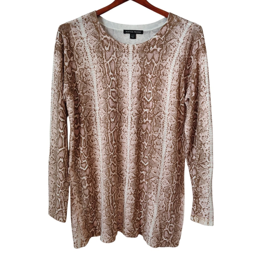 Boston Proper Top Blouse Size Medium Python Print Long Sleeved Stretchy Workwear